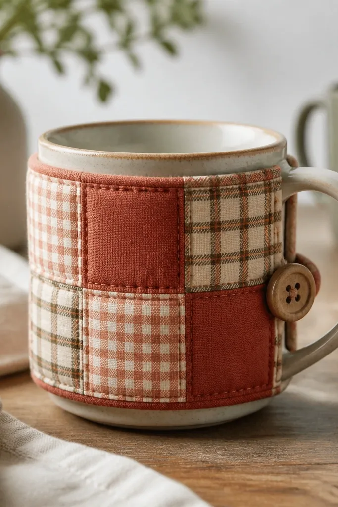 A mug cozy made from small fabric squares in plaid, gingham, and solid terracotta, stitched into a patchwork sleeve with a thin batting layer.