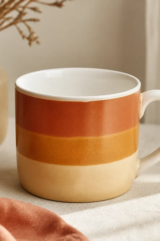 A plain white mug painted with warm stripes in terracotta, mustard, and cream along the outside only, with a slightly glossy finish and a clean border near the rim.