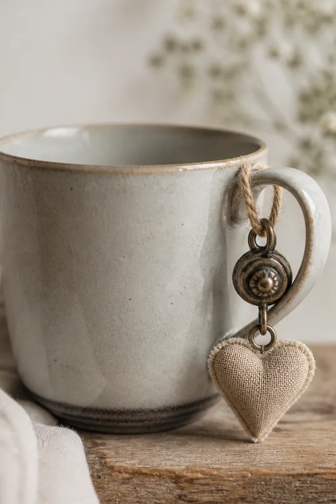 A mug with a small metal tag attached near the handle, made from an old drawer pull piece, with a twine loop and a tiny fabric heart charm.
