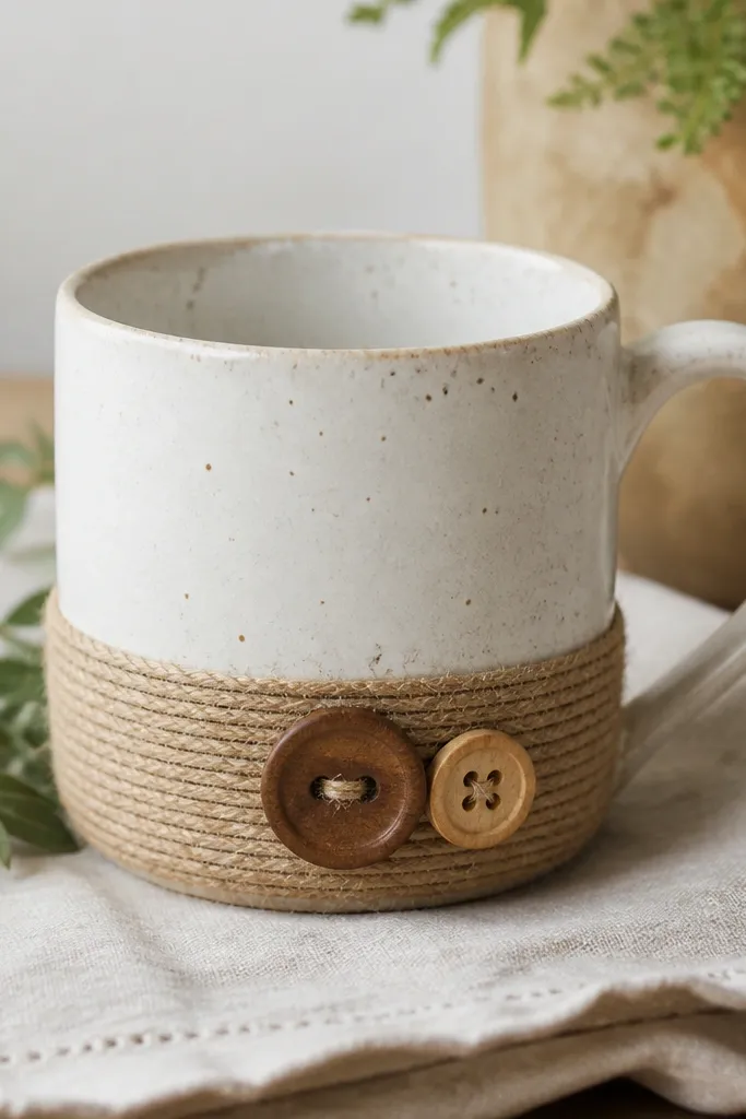 A mug with a twine wrap band around the lower outside, decorated with two mismatched wooden buttons stitched on like a little row of accents.