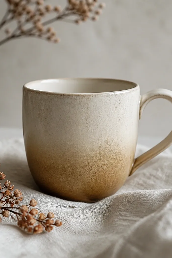 A mug with a soft tea-stain gradient on the outer surface, darker near the base and lighter near the middle, like a vintage patina.