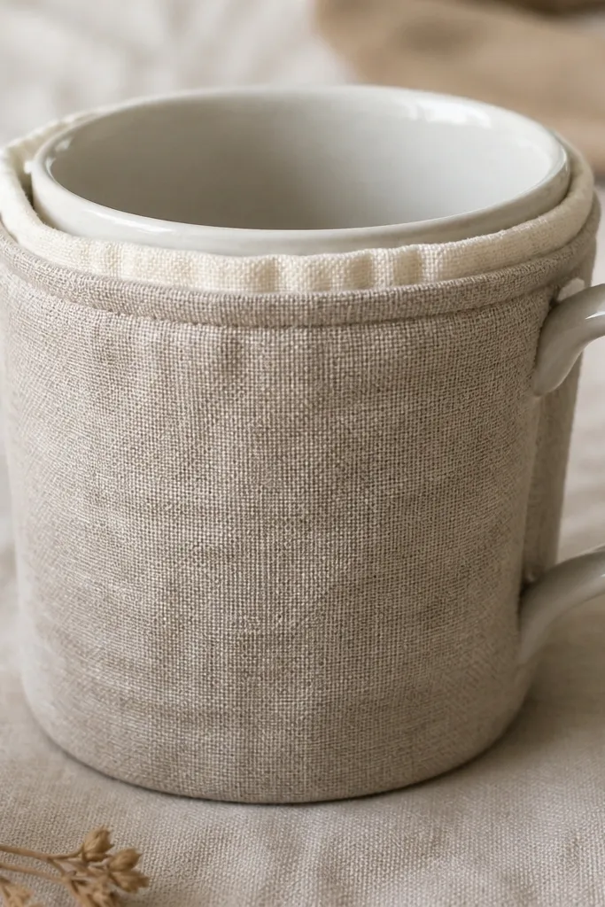 A mug cozy with a light linen outer fabric and a pale muslin inner layer visible at the top edge, stitched neatly with a simple hem.