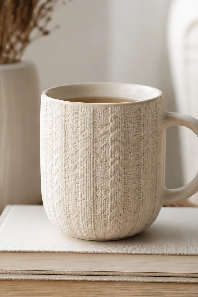 A mug wrapped with a thin, faux-knit textured adhesive film on the outside, resembling chunky yarn, in a warm cream color with subtle raised lines.