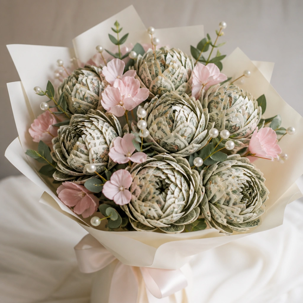 A soft blush bouquet with cream wrap. Peony-like blooms are formed from accordion-folded bills, each petal layered like a flower. Pink faux petals and pearl pins dot the greenery.