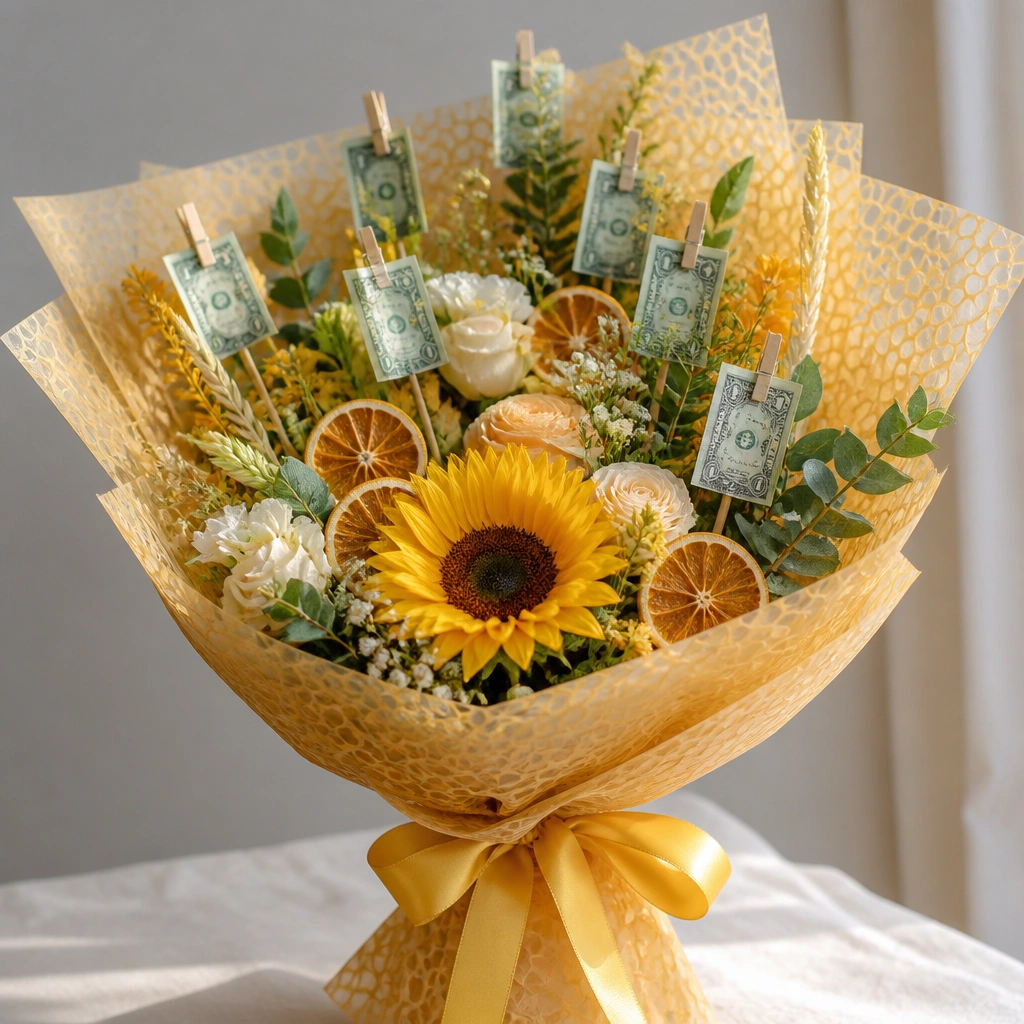 A bouquet wrapped in warm golden tissue with a honeycomb pattern. Small bill “buds” are clipped to floral picks. The bouquet has sunflower-colored ribbon and a few dried orange slices.