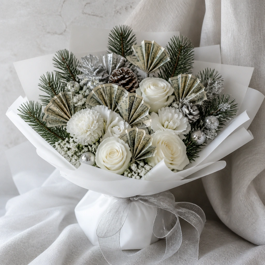 A white and silver bouquet with faux pine sprigs. Bills are folded into small fans placed between pine needles. The wrap is matte white paper with a sheer silver ribbon.