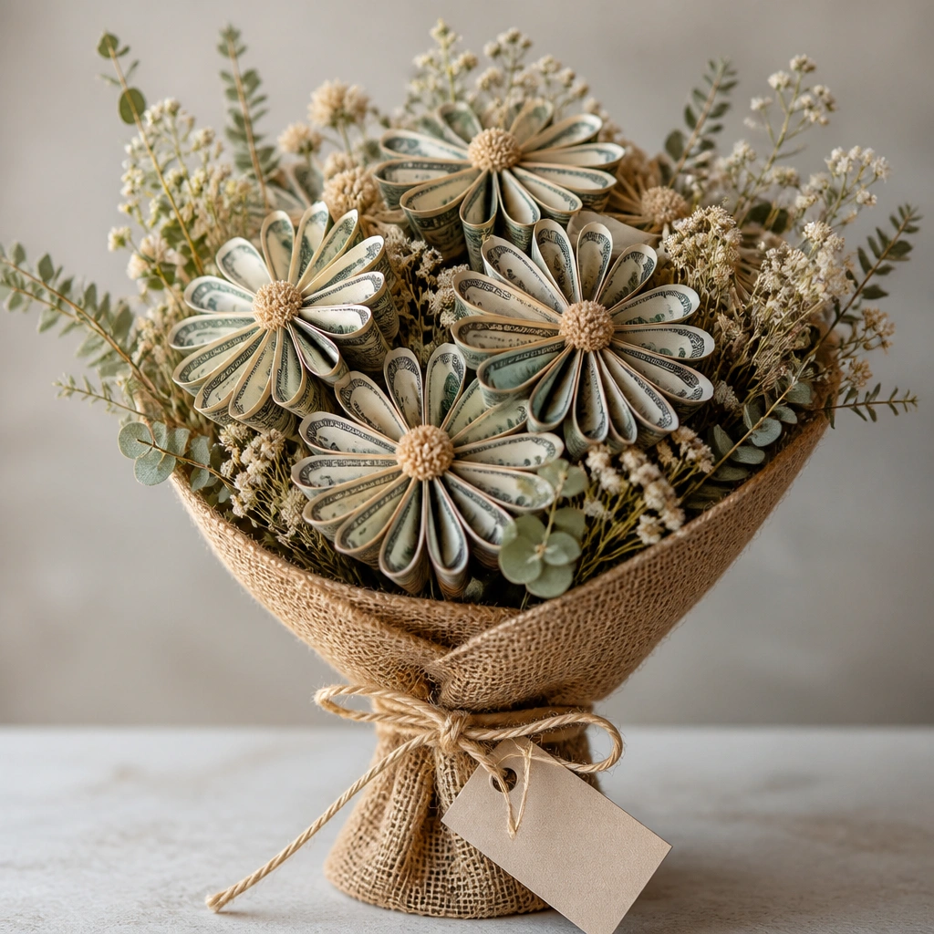 A burlap-wrapped bouquet tied with thick twine. Bill flowers are made from folded bills stacked like daisies. Small dried flowers and greenery fill gaps, with a tag tied to the handle.
