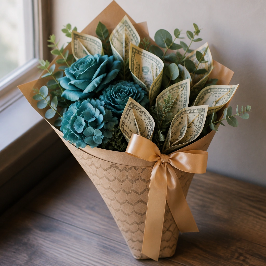 A bouquet wrapped like a coffee order: a patterned coffee-sleeve style paper around the stems. Teal faux flowers sit beside money “leaf” shapes made from folded bills. A latte-colored ribbon finishes the top.