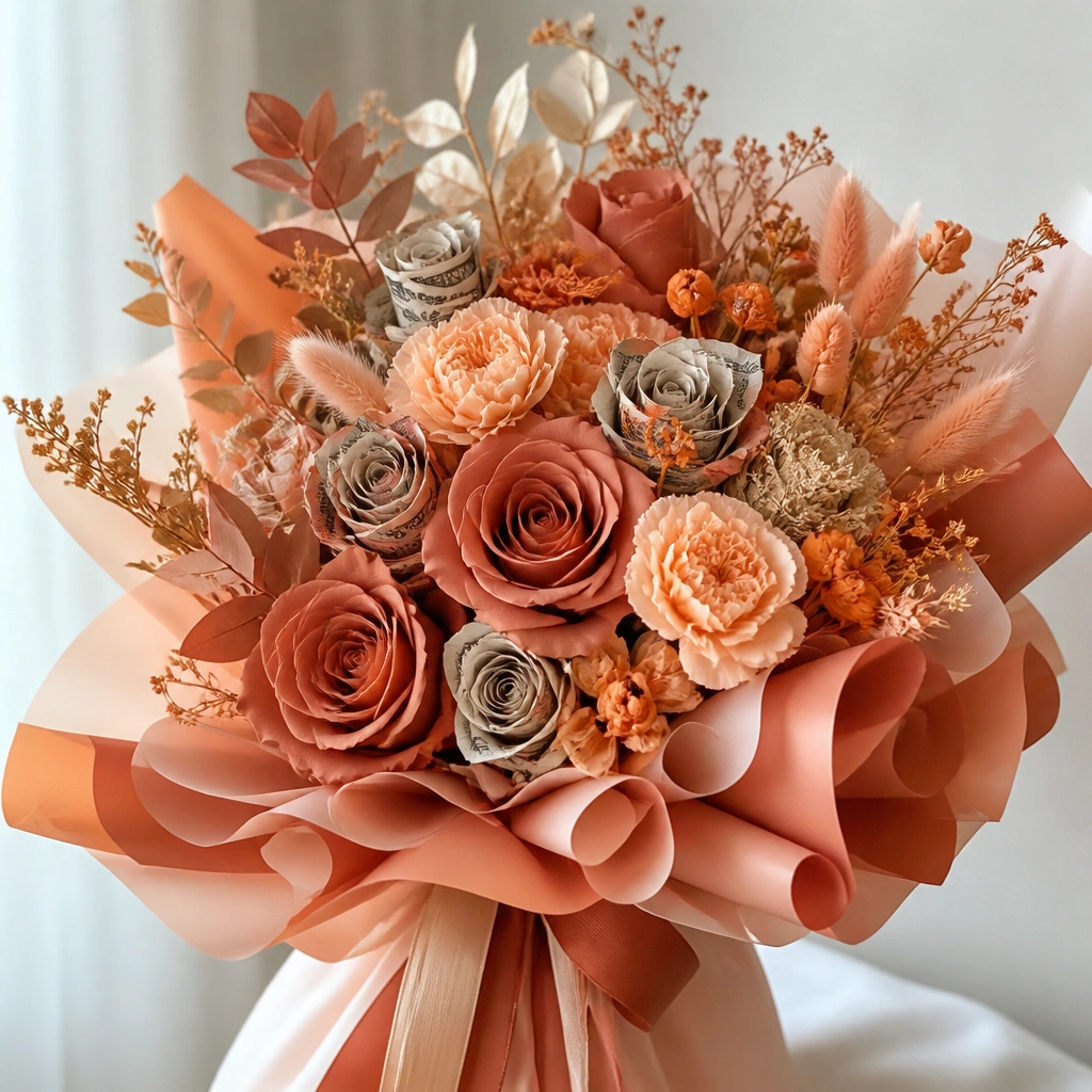 A terracotta and peach bouquet with layered ribbon ruffles. Bills are formed into small spiral flowers. Faux dried leaves and warm orange accents fill the bouquet.