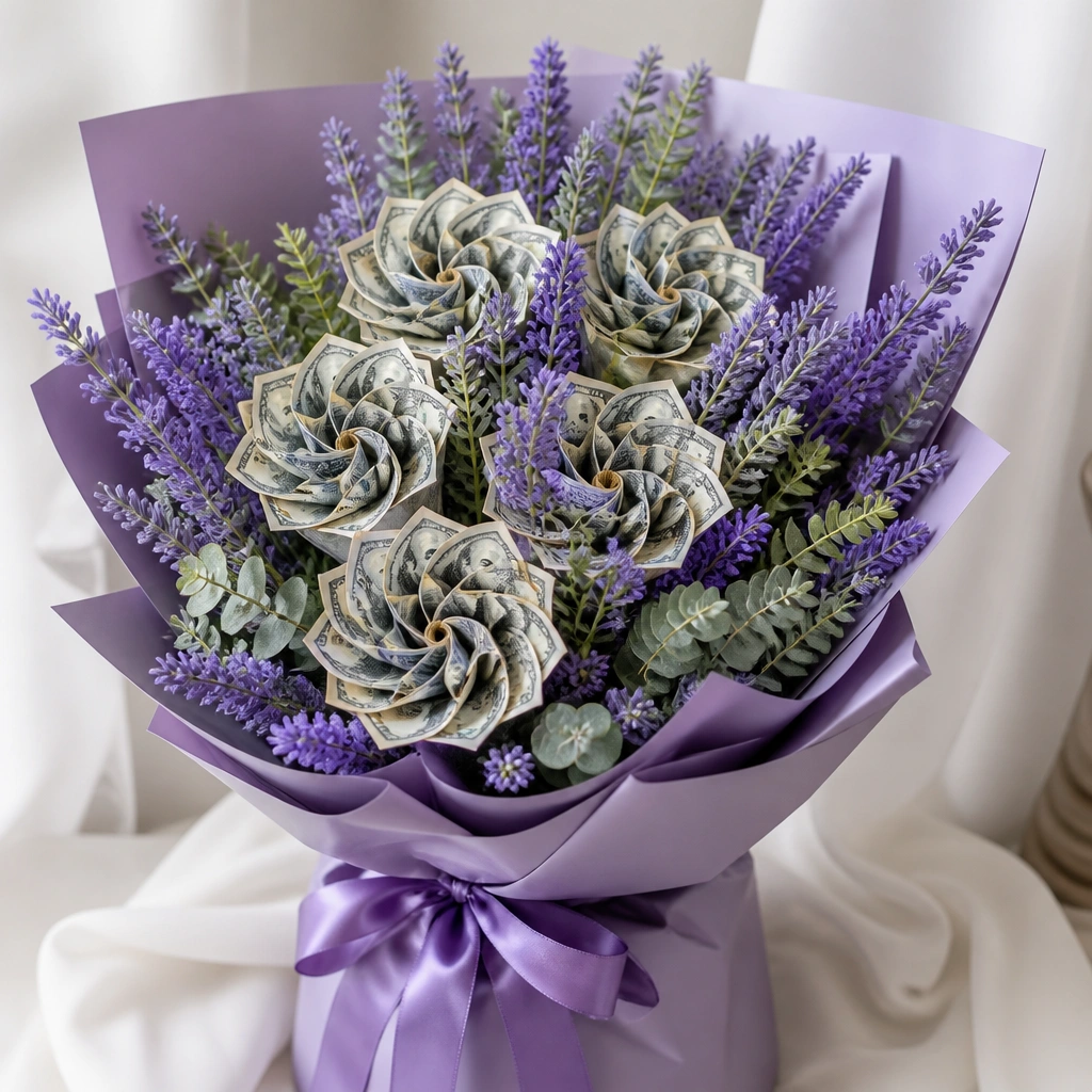 Lavender-themed bouquet with small wreath-like centers made from folded bills. Purple wrap paper and matching ribbon. Faux lavender sprigs and greenery surround the money centers.