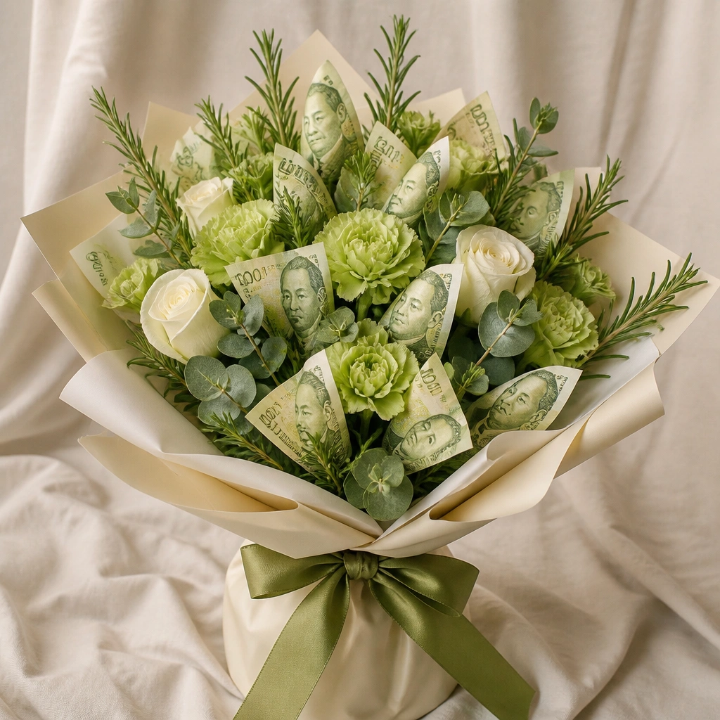 A green and cream bouquet with rosemary sprigs. Bills are folded into small triangles like leaves. The wrap is cream paper with a olive-green ribbon bow.