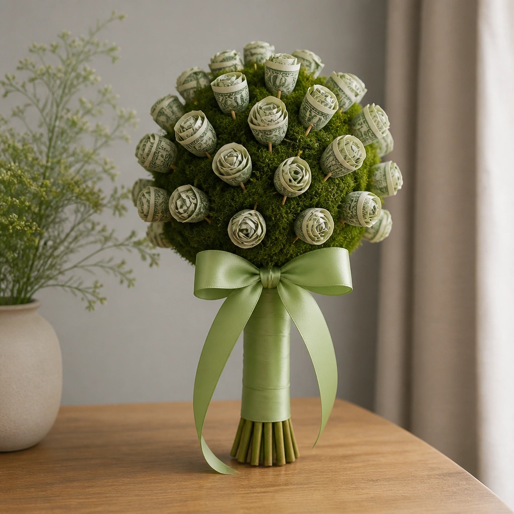 A moss-green bouquet with a round foam base. Bills are pressed into small “buttons” on the foam using toothpicks. Light green ribbon wraps the stems and the top has a bow.
