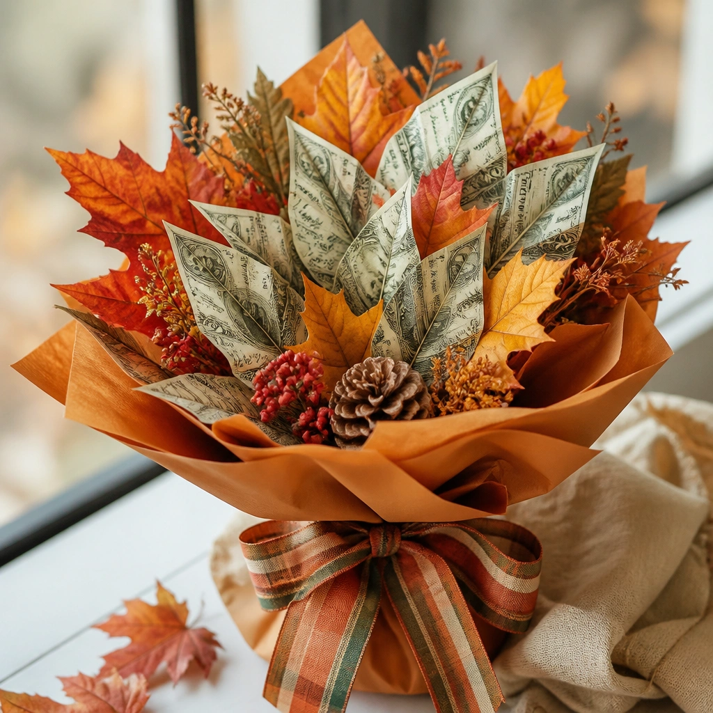 An autumn bouquet with maple leaf accents. Bills are folded into leaf shapes with pointed tips, arranged like a leaf cluster. The wrap is warm orange-brown paper with a plaid ribbon.