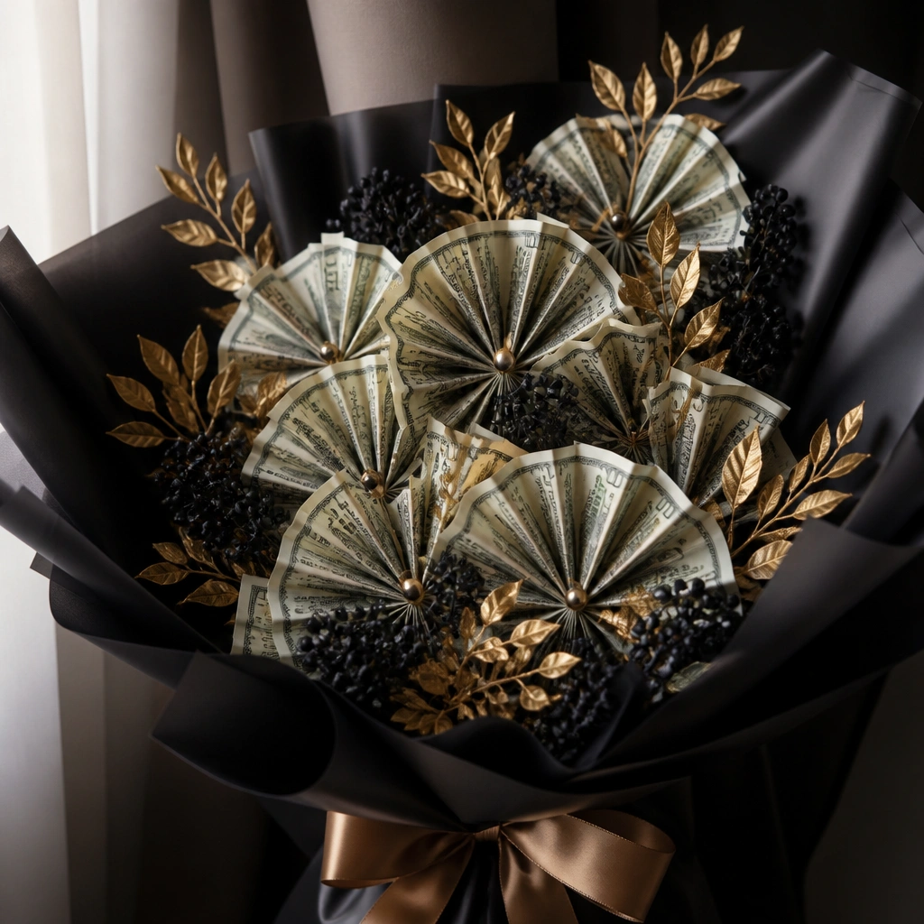A dramatic bouquet with black wrap paper and warm gold ribbon. Bills are folded into elegant fans and pinned with gold pearl pins. Small black berries and gold faux leaves add contrast.