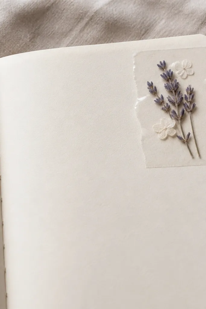 A close-up diary spread where a small cluster of pressed lavender and tiny white petals sits in the top-right corner under a clear tape “window.” The rest of the page is clean with minimal black journaling lines.