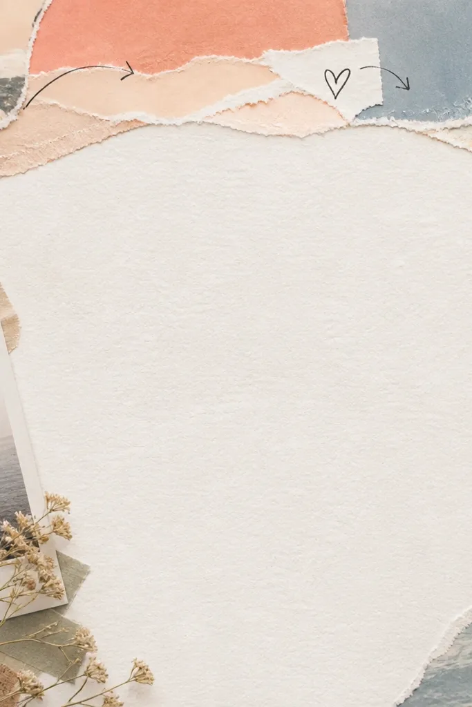 At the top of the page, a layered header made from torn magazine scraps shows soft gradients of peach, cream, and dusty blue. The header is stitched visually with a few hand-drawn arrows and a small doodle heart.
