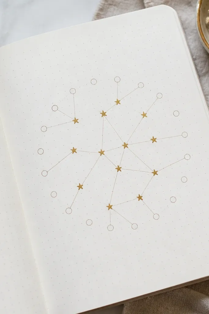A dot-grid diary page with a small constellation-style habit tracker: dots connected with thin lines forming a star pattern. Each day has a blank circle and a few filled star icons in gold ink.