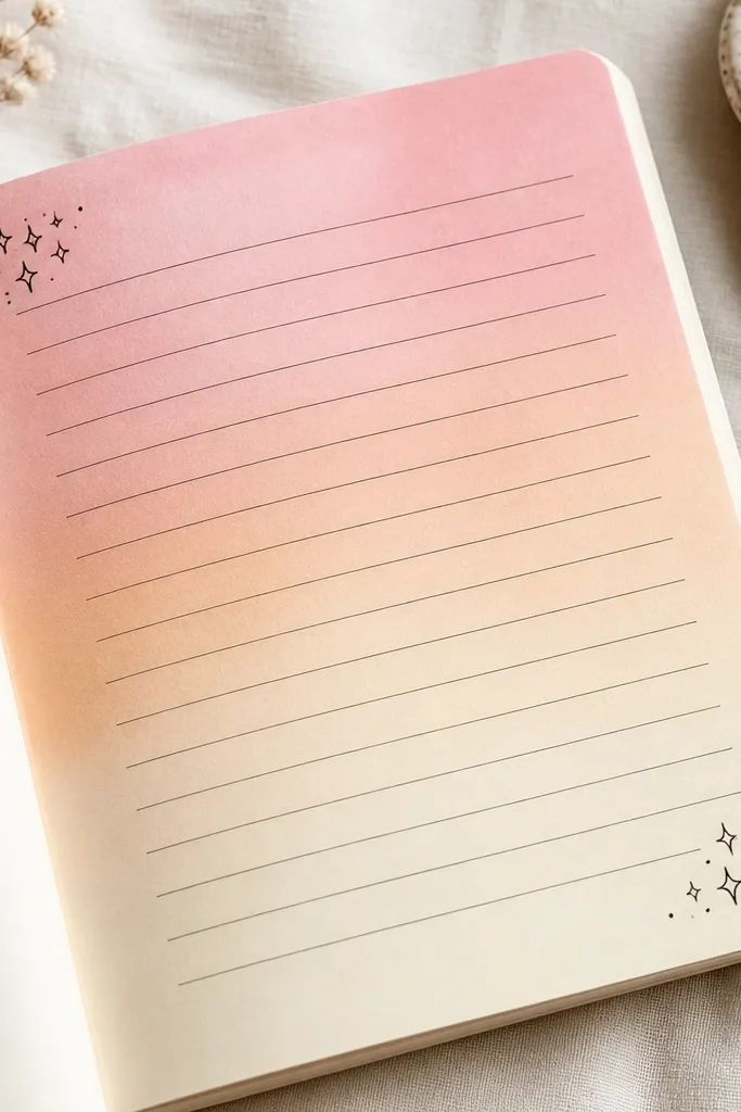 A diary page with a soft ombre wash behind the writing area: pale pink fades into warm peach, then into light cream. The text stays crisp in black pen, with a few tiny doodled sparkles in the corners.