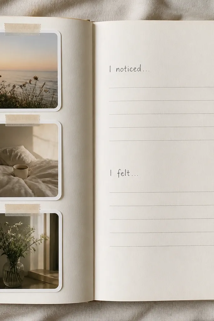A diary spread with a vertical photo strip on the left side: three small prints taped in a row with rounded corners. On the right, caption lines in neat handwriting start with “I noticed…” and “I felt…”
