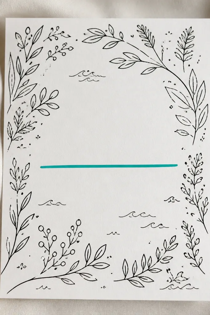 A mostly monochrome page: black doodles of leaves and tiny waves fill the margins. Only one accent color appears - a bright teal underline under a single sentence in the center.