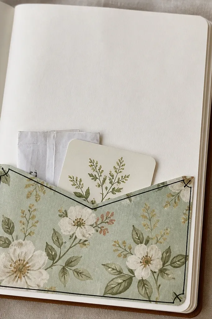 A diary page with a handmade pocket on the bottom half, created from decorative paper folded into a sleeve. A small folded receipt and a mini note card are tucked inside; the pocket edges are outlined with pen.