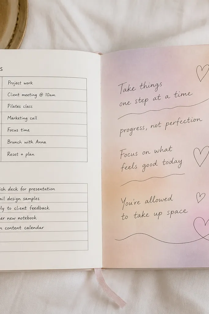 A spread split down the middle with two different visual styles: left side has structured boxes for “Plans” and “Tasks” in tidy lines; right side has wavy handwriting and heart doodles with a soft pastel gradient wash.