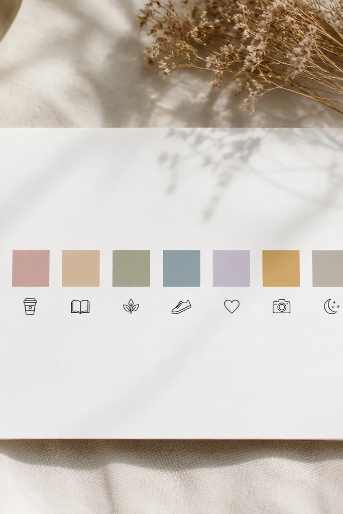 A weekly summary page with 7 small color blocks laid out in a row, each block a different muted shade. Under each block is a tiny icon drawn in black (coffee cup, book, walk) and a short word caption.