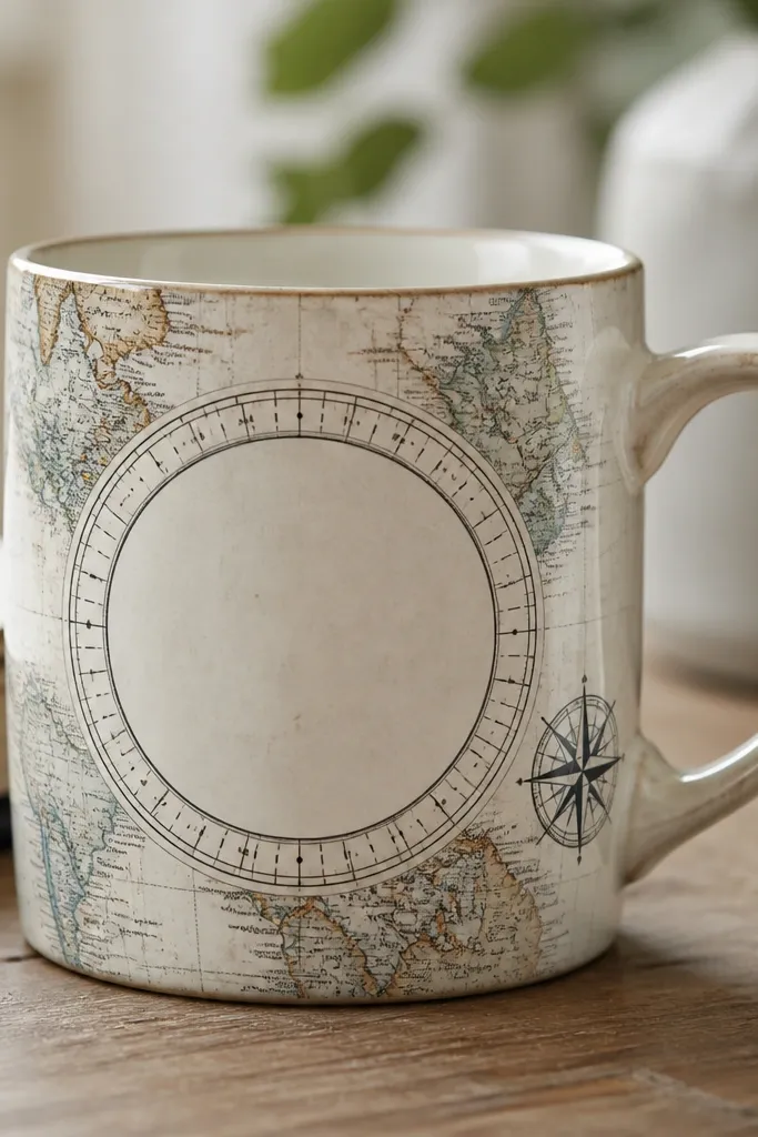 A mug covered in a partial vintage-style map print, with a bold circular ring of coordinates wrapping around the center, plus a small compass icon near the handle.