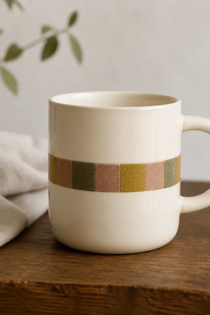A mug with small patchwork squares in muted mustard, dusty rose, and olive fabric, arranged in a circular wheel-like band. The rest of the mug is a solid cream color.