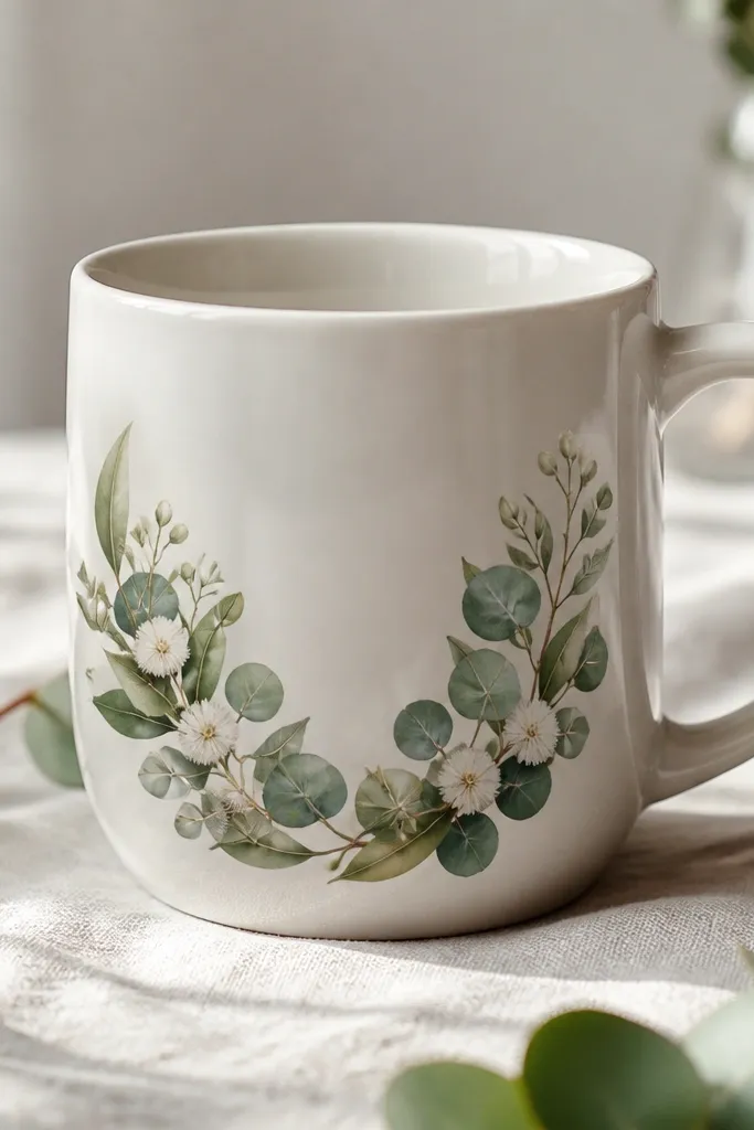 A mug with crisp botanical stickers forming a semicircle wheel: eucalyptus leaves and tiny flowers around the midsection. The stickers have sharp edges and a glossy finish.