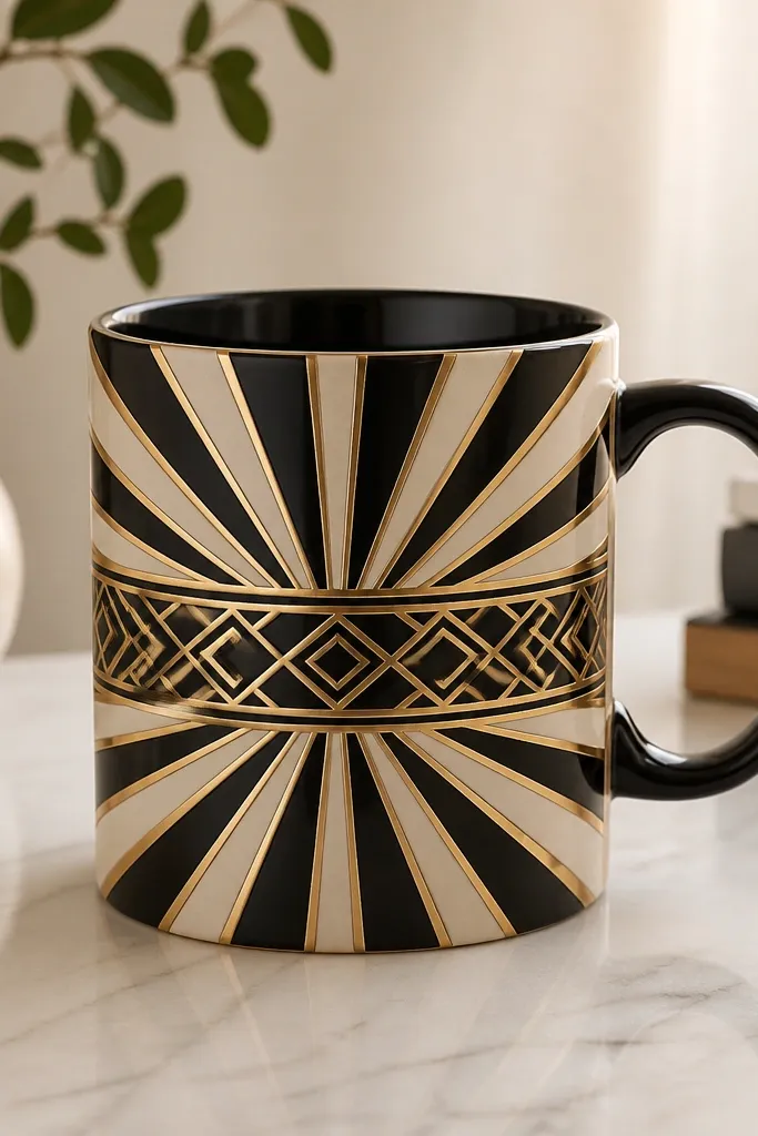 A mug with geometric Art Deco stripes in black, gold, and cream, radiating slightly like a wheel from the center band. The pattern looks laser-cut.