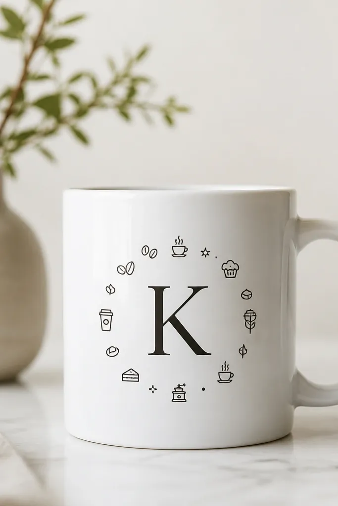 A mug with a large monogram letter centered, surrounded by a ring of tiny icons copied from a coffee sleeve. The rest is minimal white with a clean handle.