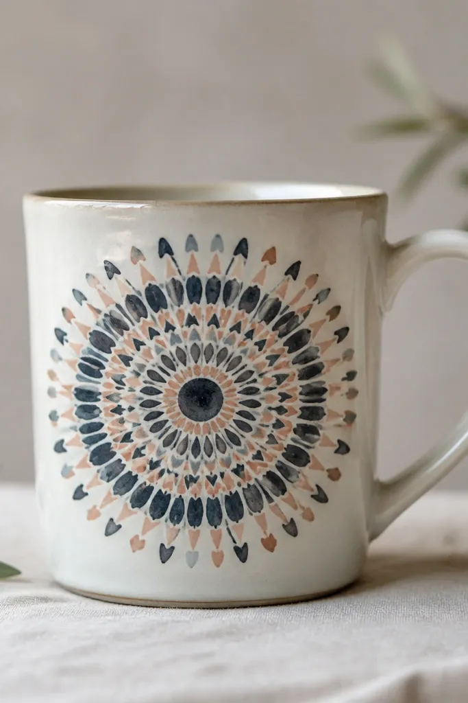 A mug with a circular mandala pattern: faint crayon lines radiate from the center like a wheel, then dark ink washes make the design pop. The handle is clean.