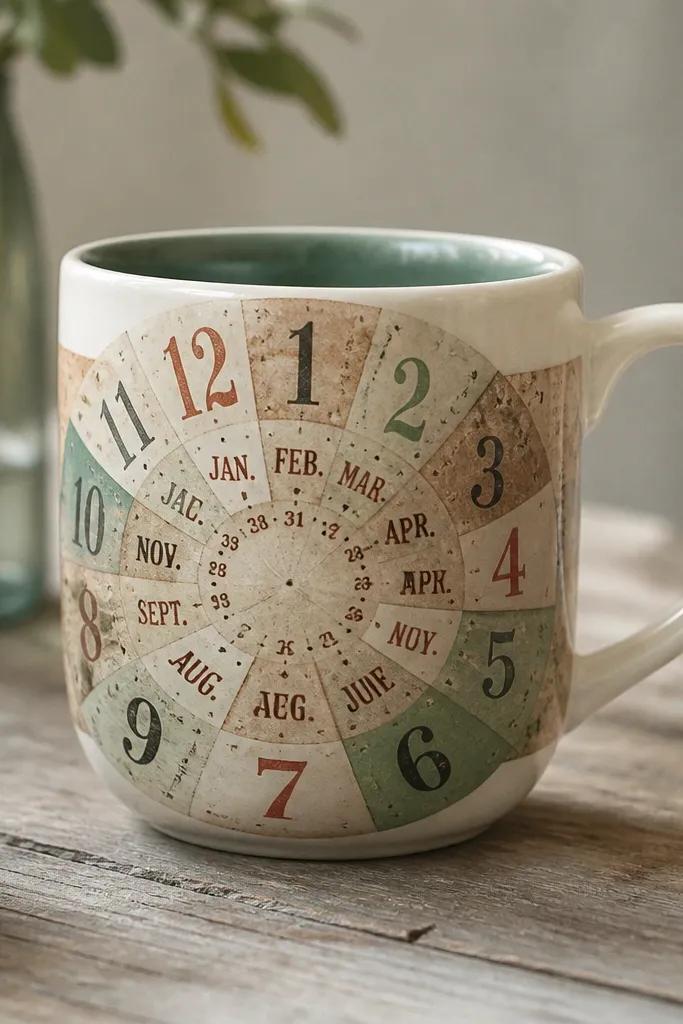 A mug with a collage band showing vintage calendar numbers and month names, arranged in a circular wheel around the middle. Numbers are slightly varied sizes for a vintage vibe.