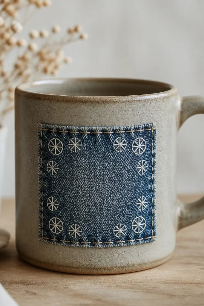 A mug with a denim patch label centered, with a stitched-looking border and small wheel spokes drawn around it in white paint pen. The denim looks faded but clean.