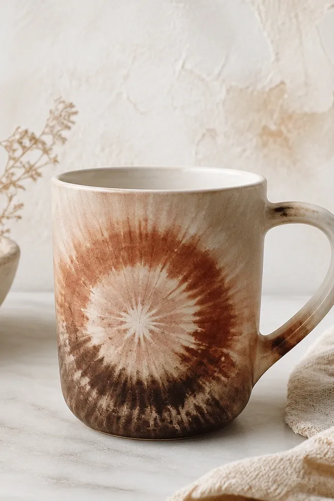 A mug with a soft watercolor wheel ombre: pale tan fades into warm rust and deep brown, with circular rings like a tie-dye burst. The design looks airy and vintage.