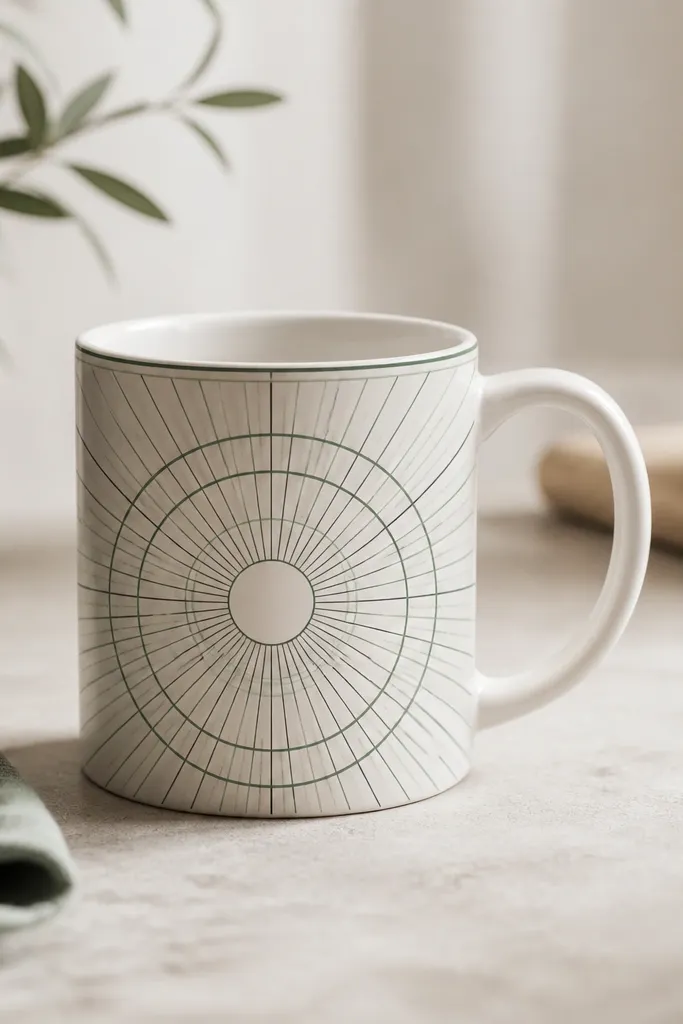 A mug with clean, thin graphic lines forming a wheel pattern: concentric arcs and radial lines in muted black and sage. The finish is crisp with no smudges.
