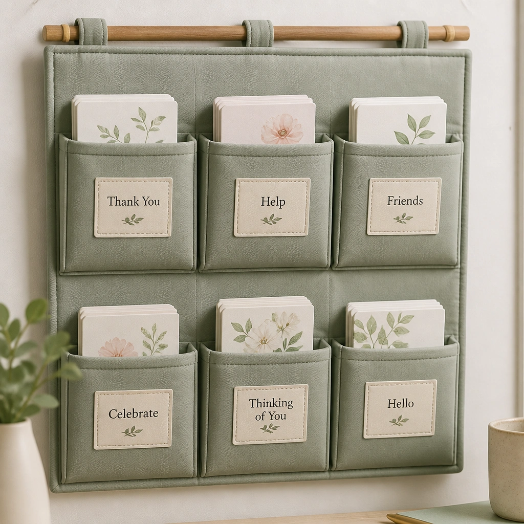 A soft, sage-green fabric organizer panel with six rectangular pockets. Each pocket has a stitched label reading things like “Thank You,” “Help,” and “Friends,” and small folded cards sit inside.