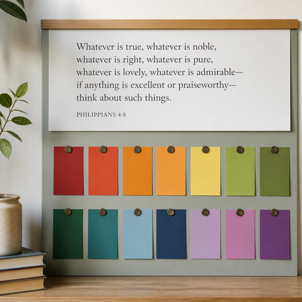 A slim wooden strip across the top of a board with a printed Bible verse. Below it, small magnetic-backed cards in a rainbow of colors line up in neat rows on a painted metal surface.