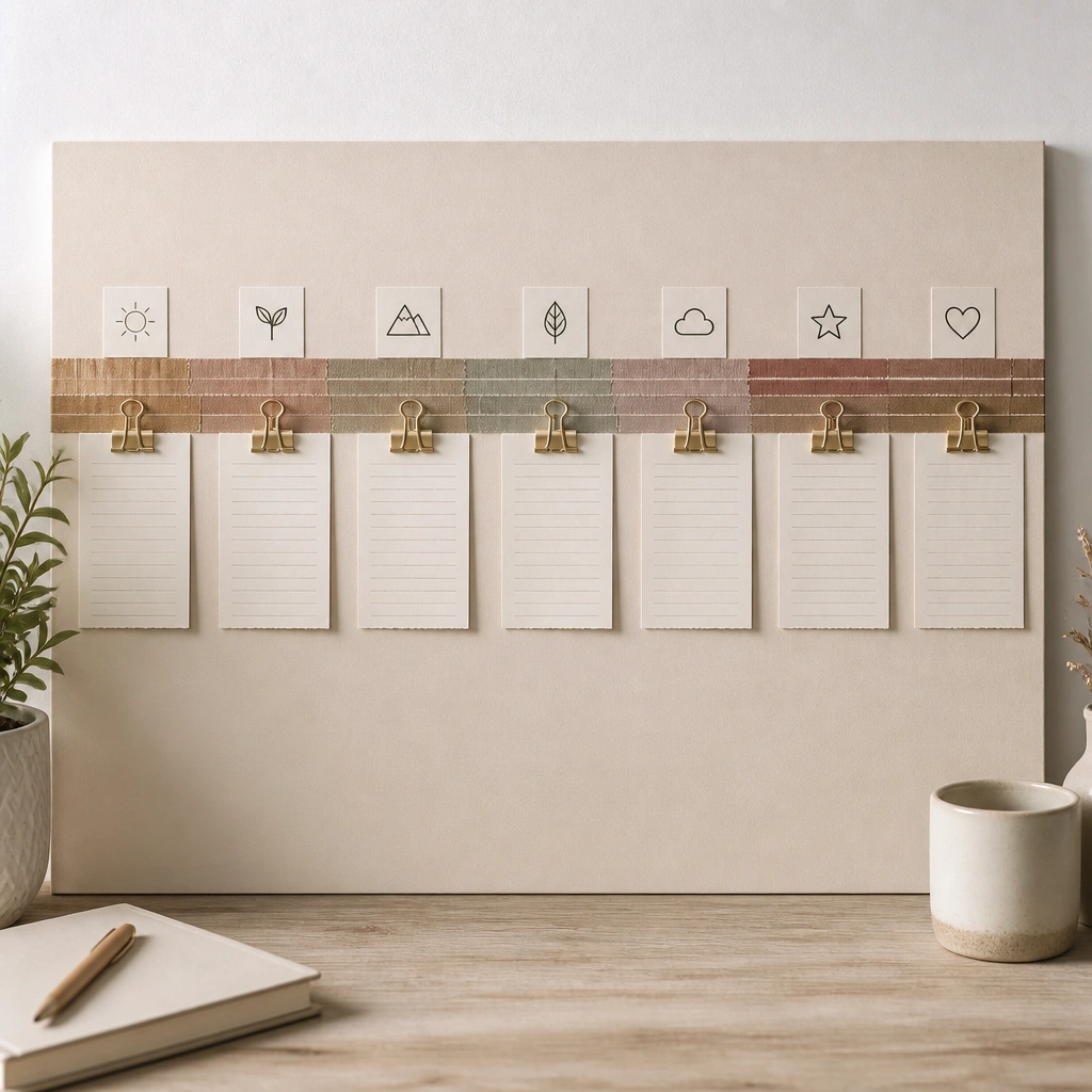 A neutral foam board with a horizontal weekly timeline made from layered washi tape. Seven sections are labeled with tiny icons, and prayer notes are held by mini binder clips along each day.