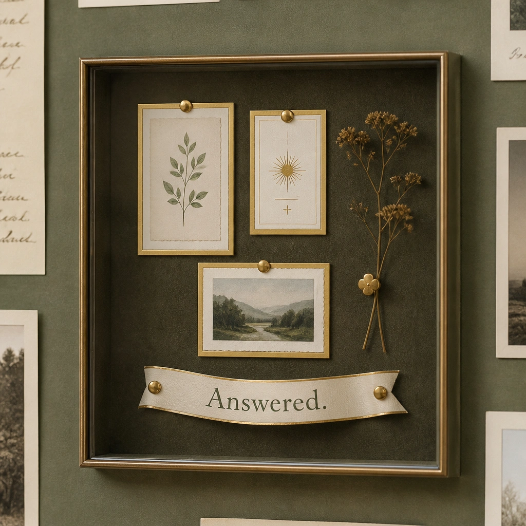 A clear-front shadow box inset into a larger board. Inside, small framed cards sit on a felt background with gold accents, and a ribbon label reads “Answered.”
