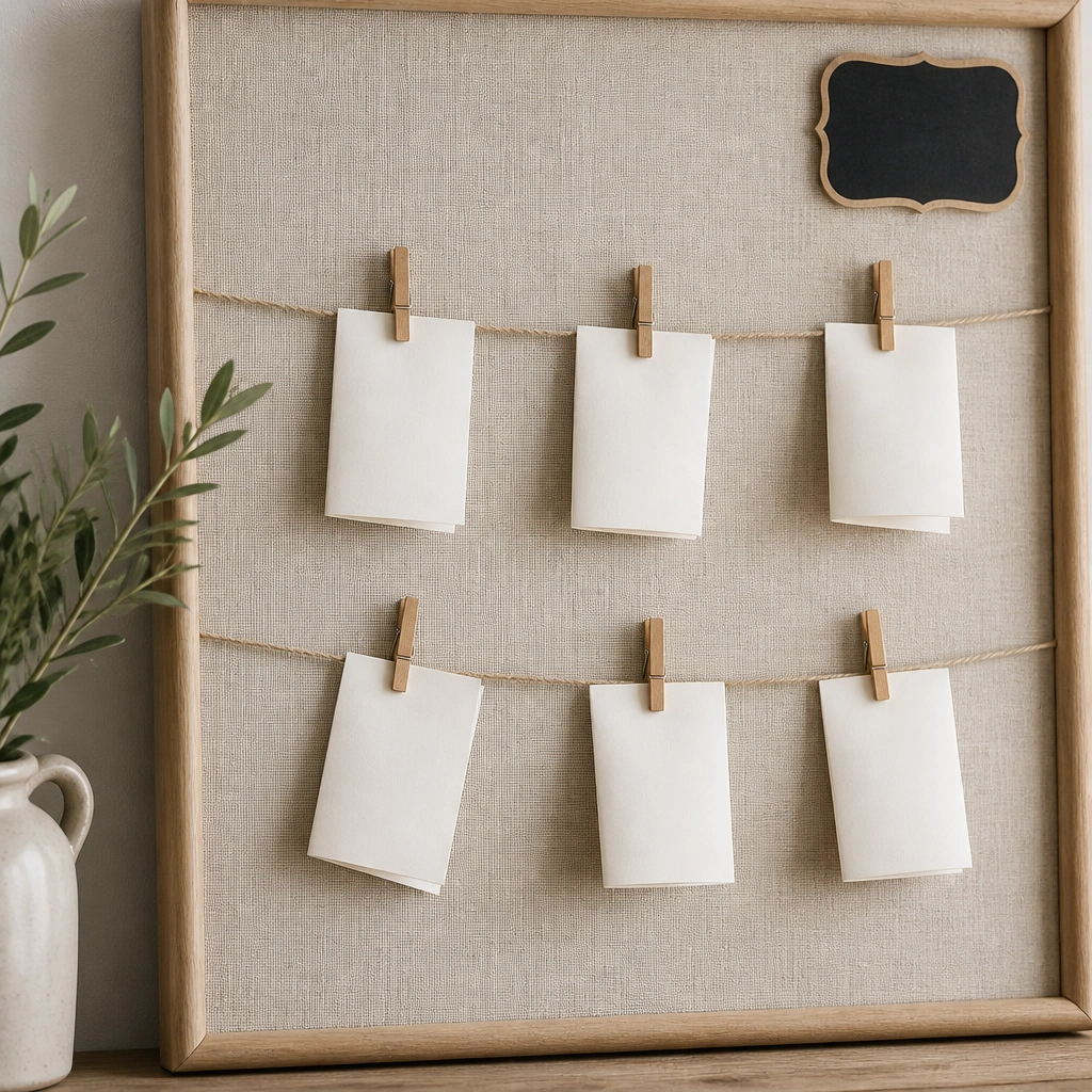 A light linen fabric board with two thin cord lines stretched horizontally. Small wooden clothespins clip folded prayer notes on the lines, and a corner has a mini chalkboard label.