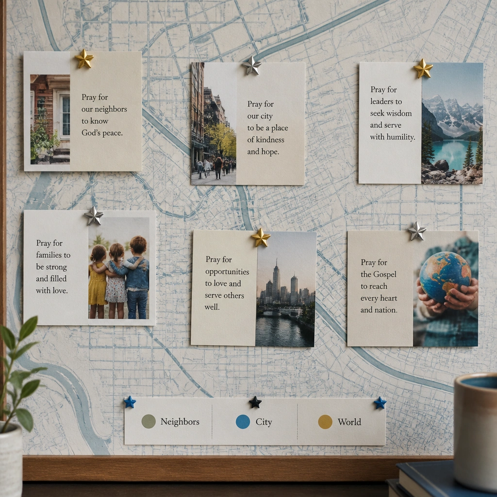 A board with a printed map-like background and light blue lines like a blueprint. Prayer cards are pinned with star-shaped push pins, and a small legend on the bottom reads “Neighbors,” “City,” and “World.”