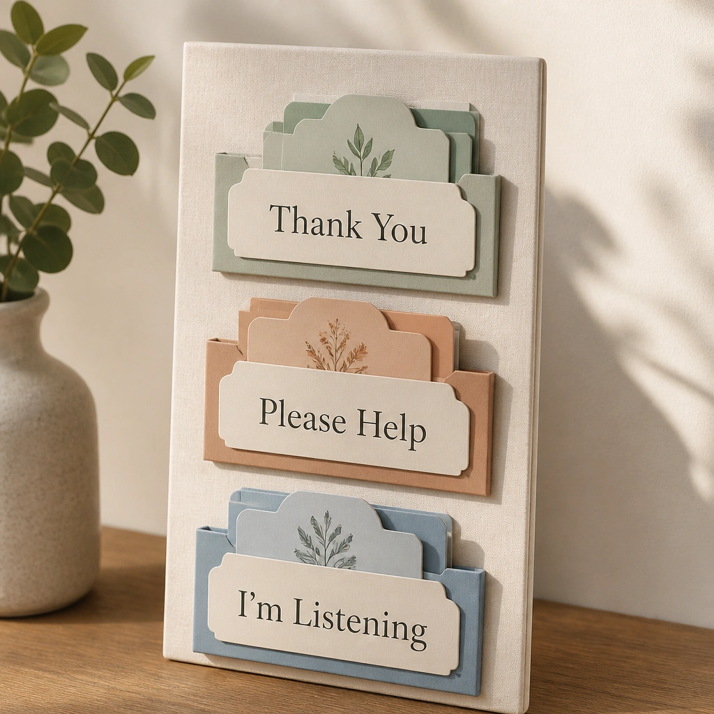 A vertical board with three stacked paper layers shaped like steps. Each step has a printed label: “Thank You,” “Please Help,” and “I’m Listening,” with small cards tucked behind tabs.