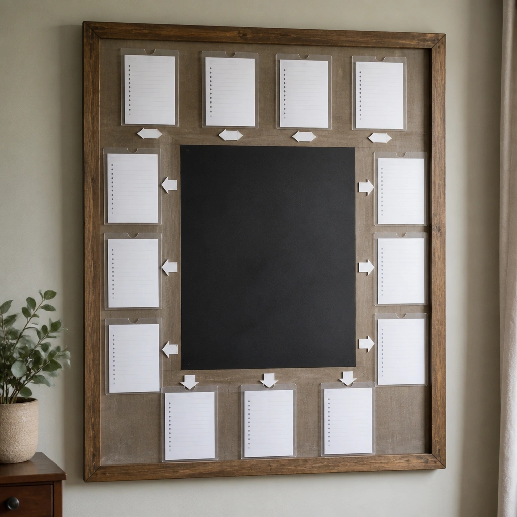 A board with a matte black chalkboard square in the center. Around it, clear plastic sleeves hold typed prayer lists, and tiny labels point to each sleeve with arrows.