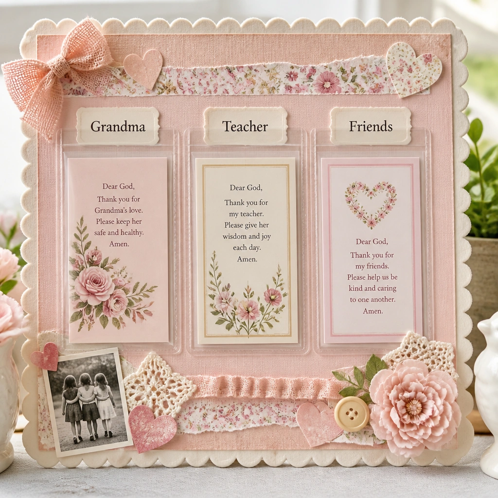 A scrapbook-themed board with a scalloped paper border and soft pinks and creams. In the center are small clear photo slots or plastic pockets labeled “Grandma,” “Teacher,” and “Friends,” each holding a prayer card.