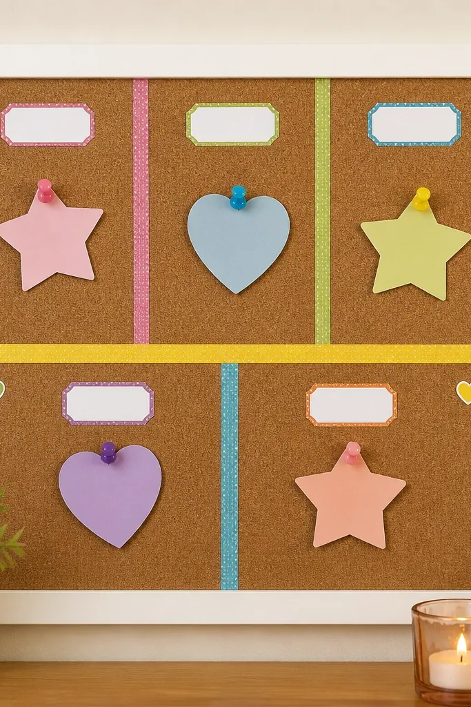 A cork board framed with white foam board. Bold washi tape lines form a simple grid labeled with small stickers: “Family,” “Friends,” “School,” “Health,” and “Thank You.” Colorful push pins hold prayer notes shaped like stars and hearts.