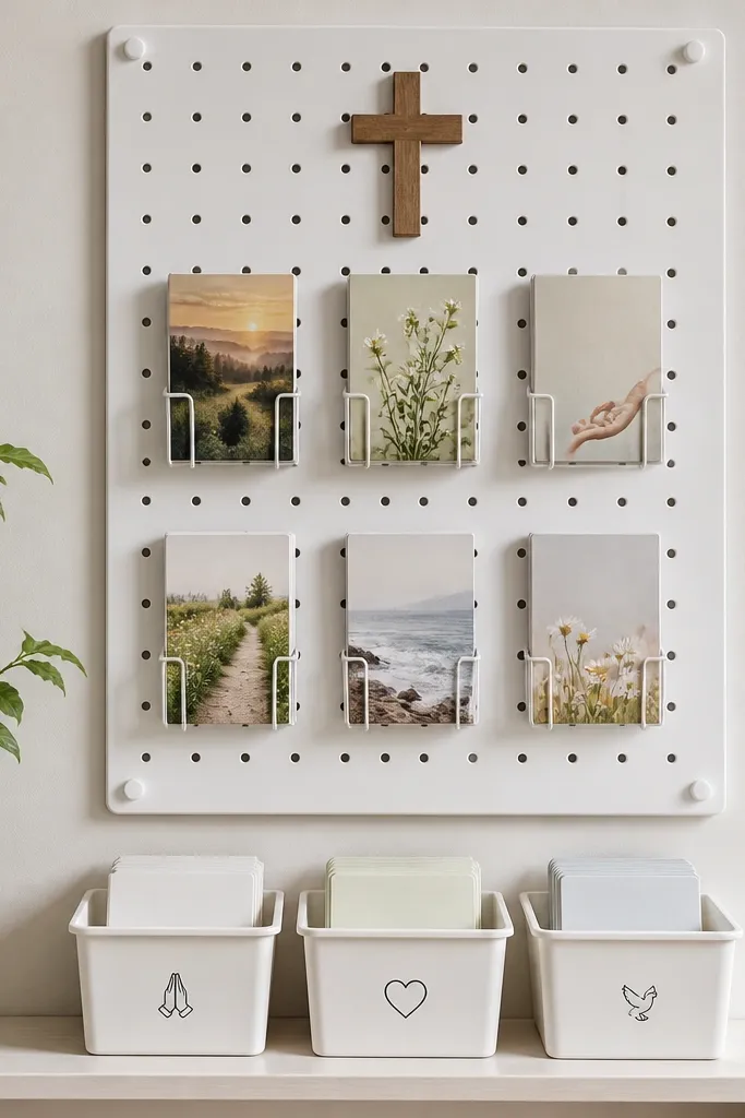 A white pegboard mounted on the wall with six small wire hooks holding prayer cards. Beneath, three mini plastic bins sit on a shelf labeled “Today,” “This Week,” and “Answered.” A small wooden cross hangs at the top.