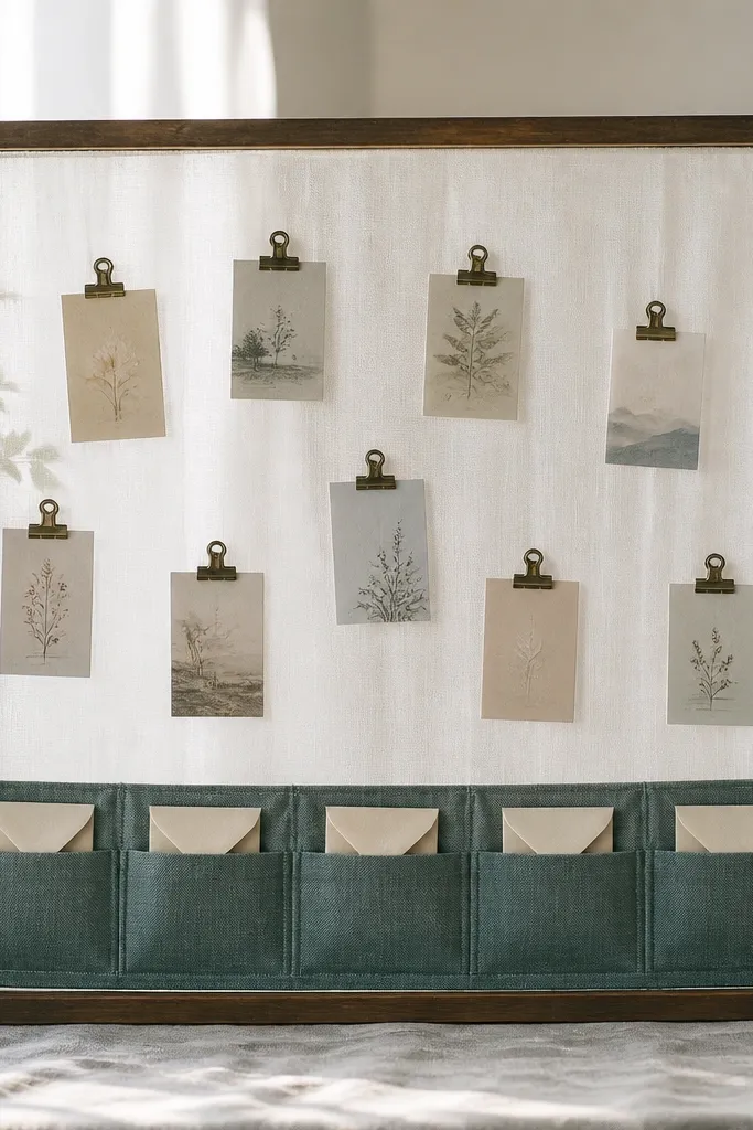 A rectangular frame with sheer white fabric stretched across it like a window. Binder clips attach to the fabric with small prayer cards. Along the bottom, a strip of teal fabric holds mini envelopes with typed labels.