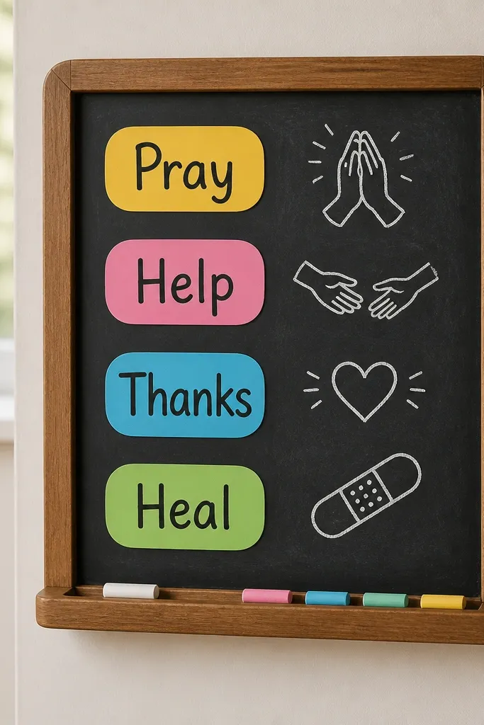 A small chalkboard mounted on a wall with bright contact paper labels in rounded shapes. The labels read “Pray,” “Help,” “Thanks,” and “Heal.” Hand-drawn icons in white chalk sit beside each label, and a small tray holds chalk pieces.